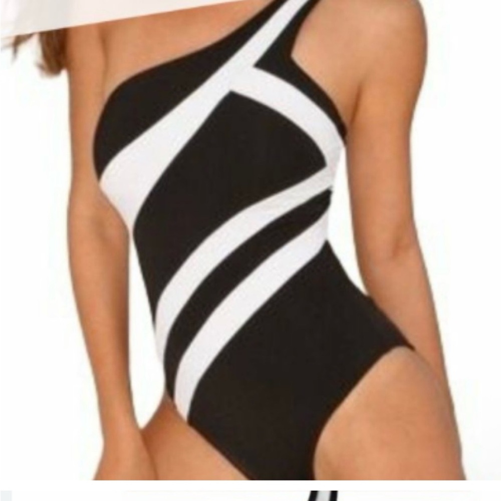 Kenneth Cole Black and White One-Shoulder Swimsuit